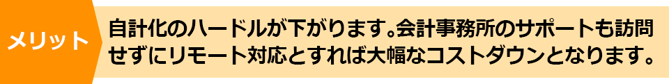 メリット　自計化のハードルが下がります。会計事務所のサポートも訪問せずにリモート対応とすれば大幅なコストダウンとなります。