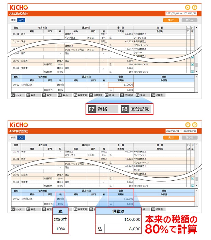税コードの指定だけで 80% 控除で自動計算