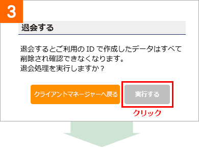 手順3：退会するページの「実行する」をクリック